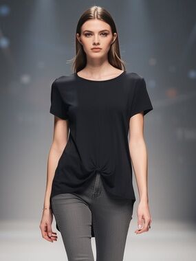 Michael Kors Black Knot Front HiLow Tee Top Scoop Neck M Quiet Luxury Minimalist